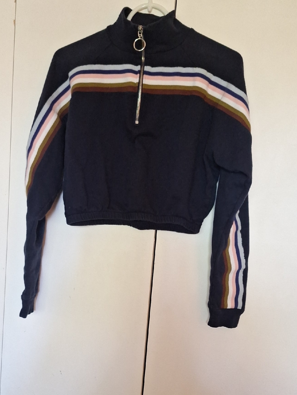 Urban Outfitters Navy Half-Zip Cropped Sweatshirt with Multicolor Stripes